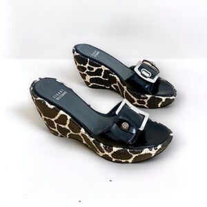 Stuart Weitzman Clipper Giraffe Slip On Platform Buckle Wedge Sandals, Size 7.5